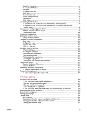 Page 9Supported browsers ............................................................................................... ..........94
To view the HP Toolbox ...... ......................................................... ....................................95
Status tab .................................................................................................................... ......95
Troubleshooting tab ...................................................................\...