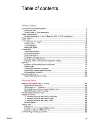 Page 7Table of contents
1 Printer basics
Quick access to printer information ...........................................................................................2
User guide links ..................... ....................................................... .................................. ....2
Where to look for more information ..................... .............................................. .................2
Printer configurations ..............................