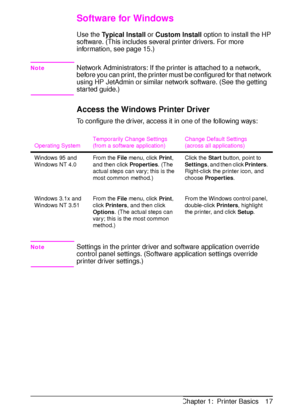 Page 29ENChapter 1:  Printer Basics 17
Software for Windows
Use the 
Typical Install or 
Custom Install option to install the HP 
software. (This includes several printer drivers. For more 
information, see page 15.)
NoteNetwork Administrators: If the printer is attached to a network, 
before you can print, the printer must be configured for that network 
using HP JetAdmin or similar network software. (See the getting 
started guide.)
Access the Windows Printer Driver
To configure the driver, access it in one...