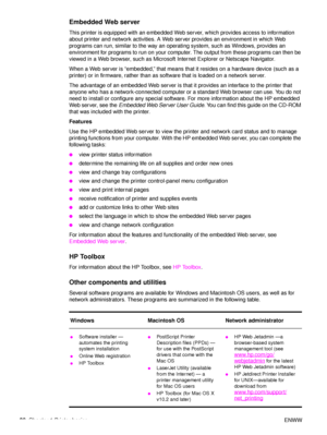 Page 3028Chapter 1 Printer basics ENWW
Embedded Web server
This printer is equipped with an embedded Web server, which provides access to information 
about printer and network activities. A Web server provides an environment in which Web 
programs can run, similar to the way an operating system, such as Windows, provides an 
environment for programs to run on your computer. The output from these programs can then be 
viewed in a Web browser, such as Microsoft Internet Explorer or Netscape Navigator.
When a Web...