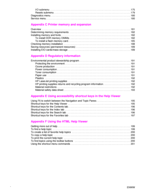 Page 8vi   ENWW
I/O submenu  . . . . . . . . . . . . . . . . . . . . . . . . . . . . . . . . . . . . . . . . . . . . . . . . . . . . . . . . . .
 .175
Resets submenu  . . . . . . . . . . . . . . . . . . . . . . . . . . . . . . . . . . . . . . . . . . . . . . . . . . . . . . . . 1 79
Diagnostics menu. . . . . . . . . . . . . . . . . . . . . . . . . . . . . . . . . . . . . . . . . . . . . . . . . . . . . . . .  . . . 180
Service menu . . . . . . . . . . . . . . . . . . . . . . . . . . . . . . . . . . . . . . . ....