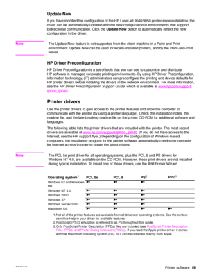 Page 21ENWWPrinter software19
Update Now
If you have modified the configuration of the HP LaserJet 9040/9050 printer since installation, the 
driver can be automatically updated with the new configuration in environments that support 
bidirectional communication. Click the  Update Now button to automatically reflect the new 
configuration in the driver.
Note The Update Now feature is not supported from the client machine in a Point-and-Print 
environment. Update Now can be used for locally-installed printers,...