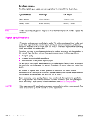 Page 158156Appendix A Specifications ENWW
Envelope margins
The following table gives typical address margins for a Commercial #10 or DL envelope.
NoteFor the best print quality, position margins no closer than 15 mm (0.6 inch) from the edges of the 
envelope.
Paper specifications
HP LaserJet printers produce excellent print quality. This printer accepts a variety of media, such 
as cut-sheet paper (including recycled paper), envelopes, labels, transparencies, and custom-
size paper. Properties such as weight,...