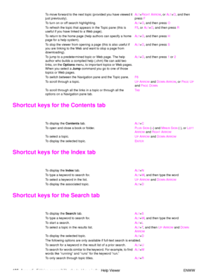 Page 198196Appendix E Using accessibility shortcut keys in the Help Viewer ENWW
Shortcut keys for the Contents tab
Shortcut keys for the Index tab
Shortcut keys for the Search tab
To move forward to the next topic (provided you have viewed it 
just previously). ALT+
RIGHT ARROW, or  ALT+O , and then 
press  F
To turn on or off search highlighting. A
LT+O , and then press  O
To refresh the topic that appears in the Topic pane (this is 
useful if you have linked to a Web page). F5
, or  A
LT+O , and then press  R...