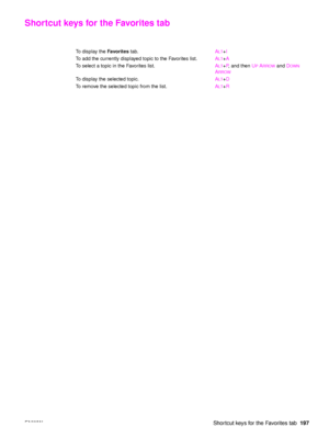 Page 199ENWW Shortcut keys for the Favorites tab197
Shortcut keys for the Favorites tab
To display the Favorites tab. ALT+I
To add the currently displayed topic to the Favorites list. A
LT+A
To select a topic in the Favorites list. A
LT+P, and then  UP ARROW and DOWN 
A
RROW
To display the selected topic. ALT+D
To remove the selected topic from the list. A
LT+R
 