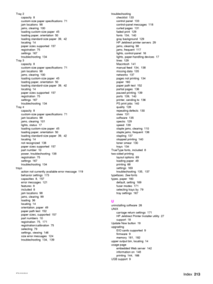 Page 215ENWWIndex213
Tray 2
capacity 8
custom-size paper specifications  71
jam locations  98
jams, clearing  100
loading custom-size paper  45
loading paper, orientation  50
loading standard-size paper  39,  42
locating 14
paper sizes supported  157
registration 75
settings 167
troubleshooting 134
Tray 3
capacity 8
custom-size paper specifications  71
jam locations  98
jams, clearing  100
loading custom-size paper  45
loading paper, orientation  50
loading standard-size paper  39,  42
locating 14
paper sizes...