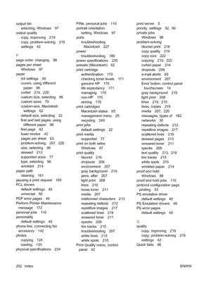 Page 266output binselecting, Windows 97
output quality copy, improving 219
copy, problem-solving 219
settings 42
P
page order, changing 98
pages per sheet Windows 97
paper
A4 settings 40
covers, using differentpaper 96
curled 214,  220
custom size, selecting 96
custom sizes 79
custom-size, Macintosh settings 62
default size, selecting 22
first and last pages, using different paper 96
first page 62
fuser modes 42
pages per sheet 63
problem-solving 207,  220
size, selecting 96
skewed 213
supported sizes 77
type,...