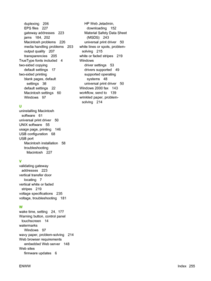 Page 269duplexing 206
EPS files 227
gateway addresses 223
jams 184,  202
Macintosh problems 226
media handling problems 203
output quality 207
transparencies 205
TrueType fonts included 4
two-sided copying
default settings 17
two-sided printing blank pages, default
settings 38
default settings 22
Macintosh settings 60
Windows 97
U
uninstalling Macintosh software 61
universal print driver 50
UNIX software 55
usage page, printing 146
USB configuration 68
USB port Macintosh installation 58
troubleshootingMacintosh...