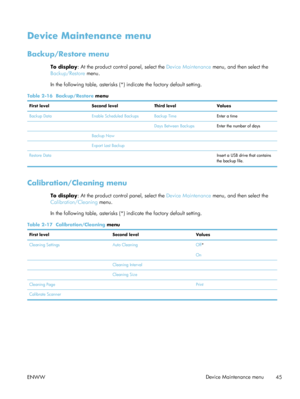 Page 65Device Maintenance menu
Backup/Restore menu
To display: At the product control panel, select the  Device Maintenance menu, and then select the
Backup/Restore  menu.
In the following table, asterisks (*)  indicate the factory default setting.
Table 2-16  Backup/Restore  menu
First level Second levelThird level Values
Backup Data Enable Scheduled Backups Backup Time Enter a time
  Days Between Backups Enter the number of days
  Backup Now  
  Export Last Backup  
Restore Data   Insert a USB drive that...