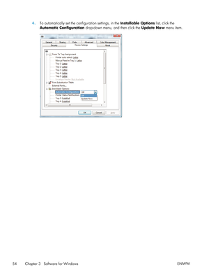 Page 744.To automatically set the configuration settings, in the  Installable Options list, click the
Automatic Configuration  drop-down menu, and then click the  Update Now menu item.
54 Chapter 3   Software for Windows ENWW
 