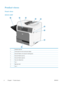 Page 26Product views
Front view
M4555 MFP
123
9
45
7
6
8
1 Standard output bin
2 Control panel with color touchscreen display
3 Document feeder cover (access for clearing jams)
4 Document feeder input tray
5 Document feeder output bin
6 Top cover release lever
7Tray 1
8 Right door latch
9Tray 2
6 Chapter 1   Product basicsENWW
 