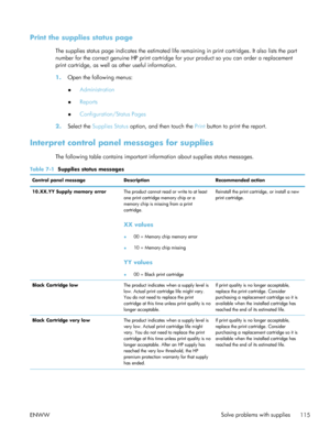 Page 135Print the supplies status page
The supplies status page indicates the estimated life remaining in print cartridges. It also lists the part
number for the correct genuine HP print cartridge  for your product so you can order a replacement
print cartridge, as well as other useful information.
1. Open the following menus:
●Administration
● Reports
● Configuration/Status Pages
2. Select the  Supplies Status  option, and then touch the  Print button to print the report.
Interpret control panel messages for...