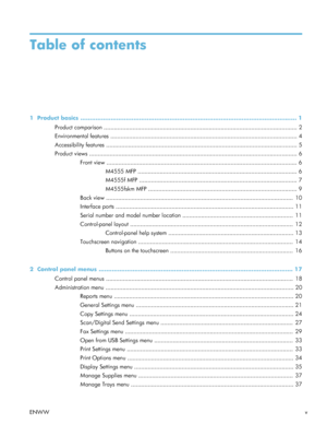 Page 7Table of contents
1  Product basics .................................................................................................................. 1
Product comparison ............................................................................................................ ...... 2
Environmental features ........................................................................................................ ...... 4
Accessibility features...