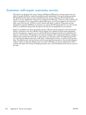 Page 342Customer self-repair warranty service
HP products are designed with many Customer Self Repair (CSR) parts to minimize repair time and
allow for greater flexibility in performing defective  parts replacement. If during the diagnosis period,
HP identifies that the repair can be accomplished by the use of a CSR part, HP will ship that part
directly to you for replacement. There are two catego ries of CSR parts: 1) Parts for which customer self
repair is mandatory. If you request HP to replace  these parts,...