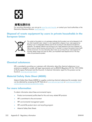 Page 352For recycling information, you can go to www.hp.com/recycle, or contact your local authorities or the
Electronics Industries Alliance: 
www.eiae.org.
Disposal of waste equipment by users in private households in the
European Union
This symbol on the product or on its packaging indicates that this product must not be disposed of with
your other household waste. Instead, it is your responsibility to dispose of your waste equipment by
handing it over to a designated collection point for the recycling of...