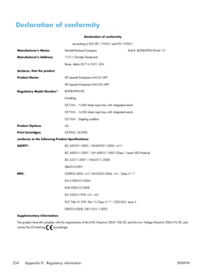 Page 354Declaration of conformity
Declaration of conformity
according to ISO/IEC 17050-1 and EN 17050-1
Manufacturers Name: Hewlett-Packard Company DoC#: BOISB-0904-00-rel.1.0
Manufacturers Address: 11311 Chinden Boulevard
Boise, Idaho 83714-1021, USA
declares, that the product
Product Name: HP LaserJet Enterprise M4555 MFP
HP LaserJet Enterprise M4555h MFP
Regulatory Model Number
2)BOISB-0904-00
 Including:
CE734A – 1x500 sheet input tray with integrated stand
CE735A – 3x500 sheet input tray with integrated...