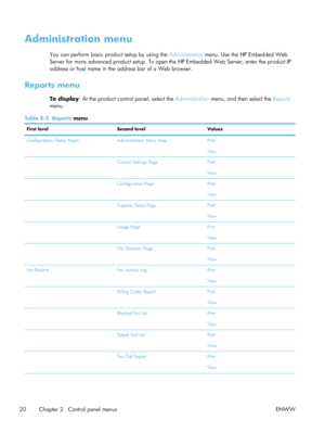 Page 40Administration menu
You can perform basic product setup by using the Administration menu. Use the HP Embedded Web
Server for more advanced product setup. To open the HP Embedded Web Server, enter the product IP
address or host name in the address bar of a Web browser.
Reports menu
To display : At the product control panel, select the  Administration menu, and then select the  Reports
menu.
Table 2-2   Reports  menu
First level Second level Values
Configuration/Status Pages Administration Menu Map Print...