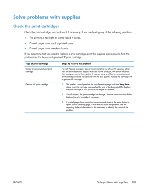 Page 125Solve problems with supplies
Check the print cartridges
Check the print cartridge, and replace it if necessary, if you are having any of the following problems:
● The printing is too light or seems faded in areas.
● Printed pages have small unprinted areas.
● Printed pages have streaks or bands.
If you determine that you need to replace a print ca rtridge, print the supplies status page to find the
part number for the correct genuine HP print cartridge.
Type of print cartridge Steps to resolve the...