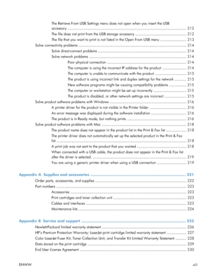 Page 15The Retrieve From USB Settings menu does not open when you insert the USB
accessory .............................................................................................................  212
The file does not print from the USB storage accessory ............................................... 212
The file that you want to print is not listed  in the Open From USB menu ........................ 213
Solve connectivity problems...