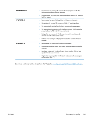 Page 227HP UPD PS driver●Recommended for printing with Adobe® software programs or with other
highly graphics-intensive software programs
● Provides support for printing from postscript emulation needs, or for postscript
flash font support
HP UPD PCL 5 ●Recommended for general office printing in Windows environments
● Compatible with previous PCL versions and older HP LaserJet products
● The best choice for printing from third-party or custom software programs
● The best choice when operating with mixed...