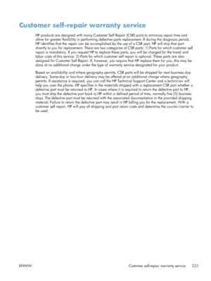 Page 251Customer self-repair warranty service
HP products are designed with many Customer Self  Repair (CSR) parts to minimize repair time and
allow for greater flexibility in performing defective  parts replacement. If during the diagnosis period,
HP identifies that the repair can be accomplished by the use of a CSR part, HP will ship that part
directly to you for replacement. There are two catego ries of CSR parts: 1) Parts for which customer self
repair is mandatory. If you request HP to replace  these parts,...