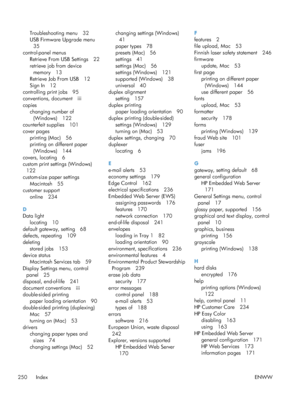 Page 268Troubleshooting menu 32
USB Firmware Upgrade menu35
control-panel menus Retrieve From USB Settings 22
retrieve job from devicememory 13
Retrieve Job From USB 12
Sign In 12
controlling print jobs 95
conventions, document iii
copies changing number of(Windows) 122
counterfeit supplies 101
cover pages printing (Mac) 56
printing on different paper
(Windows) 144
covers, locating 6
custom print settings (Windows)
122
custom-size paper settings
Macintosh 55
customer support online 234
D
Data light locating 10...