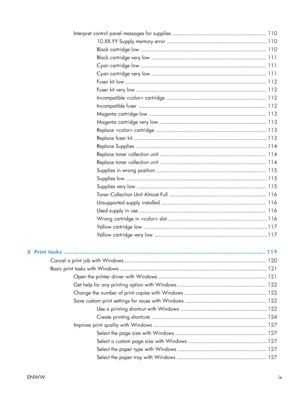 Page 11Interpret control panel messages for supplies ............................................................ 11010.XX.YY Supply memory error ................................................................ 110
Black cartridge low ................................................................................ 110
Black cartridge very low ......................................................................... 111
Cyan cartridge low...