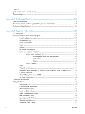 Page 16OpenSSL ............................................................................................................................. 232
Customer self-repair warranty service .....................................................................................  233
Customer support ................................................................................................................. 234
Appendix C  Product specifications...