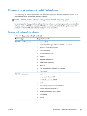 Page 81Connect to a network with Windows
You can configure network parameters from the control panel, the HP Embedded Web Server, or for
most networks, from the HP Web Jetadmin software.
NOTE:HP Web Jetadmin software is not supported on Mac OS X operating systems.
For a complete list of supported networks and for instructions on configuring network parameters from
software, see the  HP Jetdirect Embedded Print Server Administrator’s Guide . The guide comes with
products in which an HP Jetdirect  embedded print...