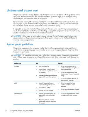 Page 90Understand paper use
This product supports a variety of paper and other print media in accordance with the guidelines in this
user guide. Paper or print media that does not m eet these guidelines might cause poor print quality,
increased jams, and premature wear on the product.
For best results, use only HP-brand paper and print  media designed for laser printers or multiuse. Do
not use paper or print media made for inkjet pr inters. Hewlett-Packard Company cannot recommend
the use of other brands of...