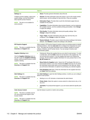 Page 124SectionOptions
Settings tab
Configure product settings, adjust print-
quality settings, and find information
about specific product features
NOTE: This tab is not available for
some products.● About
: Provides general information about this tab.
● General
: Provides information about the product, such as the model number,
serial number, and the settings for date and time, if they are available.
● Information Pages
: Provides links to print the information pages that are
available for the product.
●...