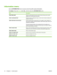 Page 30Information menu
Use the INFORMATION  menu to access and print specific product information.
To display: Press the  Menu button 
, and then select the  INFORMATION menu.
ItemDescription
PRINT MENU MAPPrints the control-panel menu map, which shows the layout and current
settings of the control-panel menu items.
PRINT CONFIGURATIONPrints the product configuration pages, which show the printer settings and
installed accessories.
PRINT SUPPLIES STATUS PAGEPrints the approximate remaining life for the...