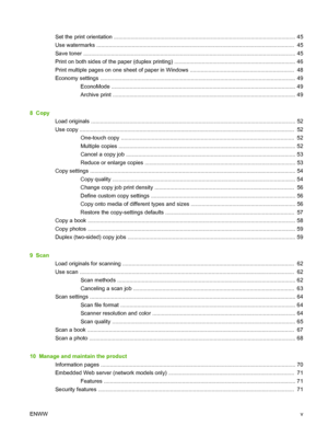 Page 7Set the print orientation ...................................................................................................................... 45
Use watermarks .................................................................................................................................  45
Save toner .......................................................................................................................................... 45
Print on both sides of the paper (duplex printing)...