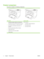 Page 12Product comparison
The product is available in the following configurations.
Base modelsNetwork models
●Print letter-size pages at speeds up to 20 pages per
minute (ppm) and A4-size pages at speeds up to 19 ppm.
●Priority input tray holds up to 10 sheets of print media.
●Tray 1 holds up to 250 sheets of print media or 10
envelopes.
●Manual two-sided (duplex) printing and copying.
●Hi-Speed USB 2.0 port.
●32-MB random-access memory (RAM).
●Flatbed scanner.Base model, plus:
●10/100 Base-T Ethernet network...