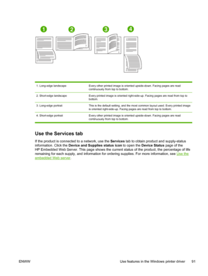 Page 103235253
3
5 2
3
5 2
1234
1. Long-edge landscapeEvery other printed image is oriented upside-down. Facing pages are read
continuously from top to bottom.
2. Short-edge landscapeEvery printed image is oriented right-side
-up. Facing pages are read from top to
bottom.
3. Long-edge portraitThis is the default setting, and the most common layout used. Every printed image
is oriented right-side-up. Facing pages are read from top to bottom.
4. Short-edge portrait Every other printed image  is oriented...