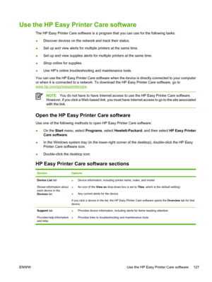 Page 139Use the HP Easy Printer Care software
The HP Easy Printer Care software is a program that you can use for the following tasks:
● Discover devices on the network and track their status.
● Set up and view alerts for multiple printers at the same time.
● Set up and view supplies alerts for multiple printers at the same time.
● Shop online for supplies.
● Use HPs online troubleshooting and maintenance tools.
You can use the HP Easy Printer Care software when th e device is directly connected to your...