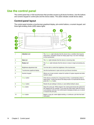 Page 26Use the control panel
The control panel has a VGA touchscreen that provides access to all device functions. Use the buttons
and numeric keypad to cont rol jobs and the device status. The  LEDs indicate overall device status.
Control-panel layout
The control panel includes a touchscreen graphical display, job-control buttons, a numeric keypad, and
three light-emitting diode (LED) status lights. 
1Attention lightThe Attention  light indicates that the devi ce has a condition that requires
intervention....