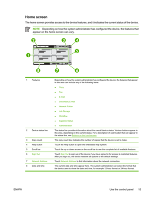 Page 27Home screen
The home screen provides access to the device features, and it indicates the current status of the device.
NOTEDepending on how the system administrator has  configured the device, the features that
appear on the home screen can vary.
1FeaturesDepending on how the system administrator has c onfigured the device, the features that appear
in this area can include any of the following items:
● Copy
● Fax
● E-mail
● Secondary E-mail
● Network Folder
● Job Storage
● Workflow
● Supplies Status
●...