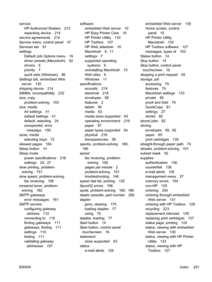 Page 263service
HP-Authorized Dealers 212
repacking device 214
service agreements 214
Service menu, control panel 47
Services tab 91
settings
Default Job Options menu 19
driver presets (Macintosh) 92
drivers 9
priority 7
quick sets (Windows) 86
Settings tab, embedded Web
server 130
shipping device 214
SIMMs, incompatibility 232
size, copy
problem-solving 193
size, media
A4 settings 41
default settings 41
default, selecting 24
unexpected, error
message 155
sizes, media
selecting trays 72
skewed pages 184
Sleep...