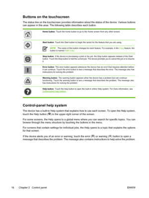 Page 28Buttons on the touchscreen
The status line on the touchscreen provides information about the status of the device. Various buttons
can appear in this area. The following table describes each button.
Home button . Touch the home button to go to the Home screen from any other screen.
Start button. Touch the Start button to begin the action for the feature that you are using. 
NOTEThe name of this button changes for each feature. For example, in the  Copy feature, the
button is named  Start Copy.
Stop...