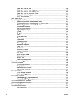 Page 10Clear jams from the ADF .................................................................................................  166
Clear jams from the input-tray areas ............................................................................... 168
Clear jams from the print-cartridge area .......................................................................... 169
Clear jams from the output-bin areas .............................................................................. 170
Clear jams from the...