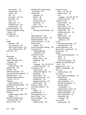 Page 290slow printing 175
smeared toner 211
specks 209
text 175
text quality 213, 216
tire tracks 215
trays 174
white spots 215
Windows issues 227
wrinkled paper 214
proof and hold jobs 98
protocol configuration page,
printing 39
punched paper
printing on 85
Q
quality after jams 190
copy, improving 219
copy, problem-solving 219
print, problem-solving 207
quick sets 106
R
Ready light
locating 18
reattach output bin error message 186
receiving faxes
problem-solving 224
recipient lists 135
recycling 254
reducing...