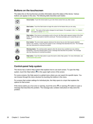 Page 32Buttons on the touchscreen
The status line on the touchscreen provides information about the status of the device. Various
buttons can appear in this area. The following table describes each button.
Home button . Touch the home button to go to the Home screen from any other screen.
Start button. Touch the Start button to begin the action for the feature that you are using. 
NOTEThe name of this button changes for each feature. For example, in the  Copy feature,
the button is named Start Copy.
Stop button...