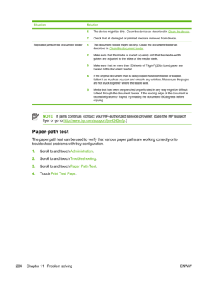 Page 216SituationSolution
6.The device might be dirty. Clean the device as described in Clean the device .
7. Check that all damaged or jammed media is removed from device.
Repeated jams in the document feeder 1.The document feeder might be dirty. Clean the document feeder as
described in Clean the document feeder .
2. Make sure that the media is loaded squarely and that the media-width
guides are adjusted to the sides of the media stack.
3. Make sure that no more than 50sheets of 75g/m
2 (20lb) bond paper are...