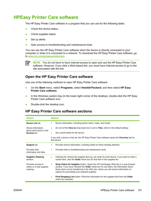 Page 163HPEasy Printer Care software
The HP Easy Printer Care software is a program that you can use for the following tasks:
●Check the device status.
● Check supplies status.
● Set up alerts.
● Gain access to troubleshooting and maintenance tools.
You can use the HP Easy Printer Care software  when the device is directly connected to your
computer or when it is connected to a network.  To download the HP Easy Printer Care software, go
to 
www.hp.com/go/easyprintercare.
NOTE You do not have to have Internet...