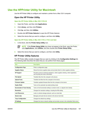 Page 169Use the HPPrinter Utility for Macintosh
Use the HP Printer Utility to configure and maintain a printer from a Mac OS X computer.
Open the HP Printer Utility
Open the HP Printer Utility in Mac OS X V10.2.8
1.Open the Finder, and then click  Applications.
2. Click  Library , and then click  Printers.
3. Click  hp, and then click  Utilities.
4. Double-click HP Printer Selector  to open the HP Printer Selector.
5. Select the device that you want to configure, and then click  Utility.
Open the HP Printer...