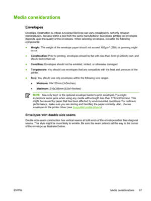 Page 79Media considerations
Envelopes
Envelope construction is critical. Envelope fold lines can vary considerably, not only between
manufacturers, but also within a box from the same manufacturer. Successful printing on envelopes
depends upon the quality of the envelopes. When selecting envelopes, con\
sider the following
components:
●Weight:  The weight of the envelope paper should not exceed 105g/m
2 (28lb) or jamming might
occur.
● Construction:
 Prior to printing, envelopes should lie flat with less than...