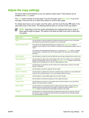 Page 133Adjust the copy settings
The device offers several features so you can optimize copied output. These features are all
available on the Copy screen.
The  Copy  screen consists of several pages. From the first page, touch  More Options to go to the
next page. Then touch the up or down arrow buttons to scroll to other pages.
For details about how to use an option, touch the option, and then touch the help (
) button in the
upper-right corner of the screen. The following table provides an overview of the...