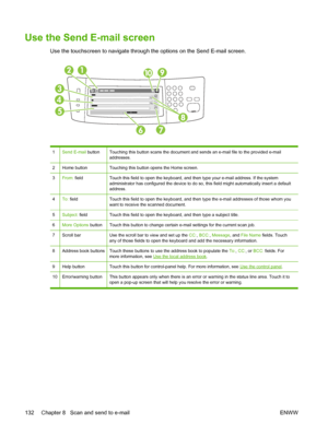 Page 144Use the Send E-mail screen
Use the touchscreen to navigate through the options on the Send E-mail screen.
1Send E-mail buttonTouching this button scans the document and sends an e-mail file to the provided\
 e-mail
addresses.
2Home buttonTouching this button opens the Home screen.
3From: fieldTouch this field to open the keyboard, and then type your e-mail address. If the system
administrator has configured the device to do so, this field might automatically insert a default
address.
4To: fieldTouch this...