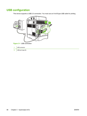 Page 70USB configuration
This device supports a USB 2.0 connection. You must use an A-to-B type USB cable for printing.
Figure 3-1  USB connection
1USB connector
2USB port (type B)
58 Chapter 3   Input/output (I/O) ENWW
 